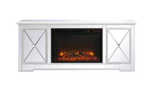Modern 60 in. mirrored tv stand with wood fireplace in antique white