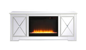 Modern 60 in. mirrored tv stand with crystal fireplace in antique white