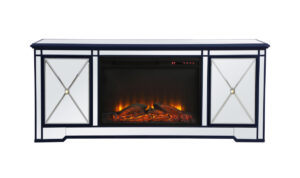 Modern 60 in. mirrored tv stand with wood fireplace in blue