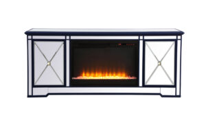 Modern 60 in. mirrored tv stand with crystal fireplace in blue