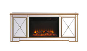 Modern 60 in. mirrored tv stand with wood fireplace in antique gold