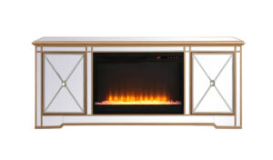 Modern 60 in. mirrored tv stand with crystal fireplace in antique gold