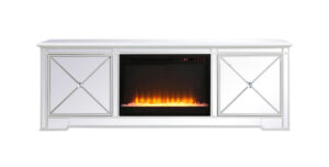 Modern 72 in. mirrored tv stand with crystal fireplace in antique white