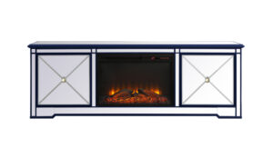 Modern 72 in. mirrored tv stand with wood fireplace in blue