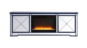 Modern 72 in. mirrored tv stand with crystal fireplace in blue