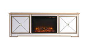 Modern 72 in. mirrored tv stand with wood fireplace in antique gold