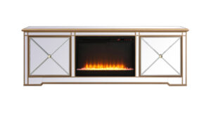 Modern 72 in. mirrored tv stand with crystal fireplace in antique gold