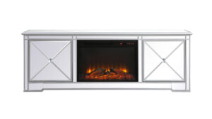 Modern 72 in. mirrored tv stand with wood fireplace in antique Silver
