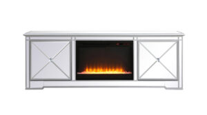 Modern 72 in. mirrored tv stand with crystal fireplace in antique Silver
