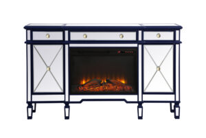 Contempo 60 in. mirrored credenza with wood fireplace in blue