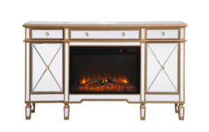 Contempo 60 in. mirrored credenza with wood fireplace in antique gold