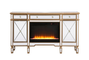 Contempo 60 in. mirrored credenza with crystal fireplace in antique gold