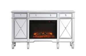 Contempo 60 in. mirrored credenza with wood fireplace in antique Silver