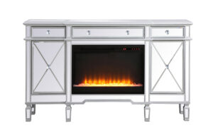 Contempo 60 in. mirrored credenza with crystal fireplace in antique Silver