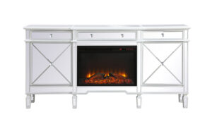 Contempo 72 in. mirrored credenza with wood fireplace in antique white