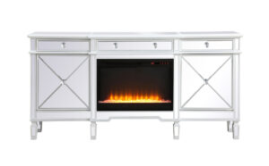Contempo 72 in. mirrored credenza with crystal fireplace in antique white