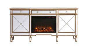 Contempo 72 in. mirrored credenza with wood fireplace in antique gold