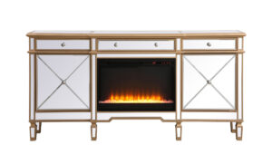 Contempo 72 in. mirrored credenza with crystal fireplace in antique gold