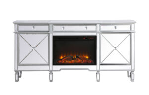 Contempo 72 in. mirrored credenza with wood fireplace in antique Silver