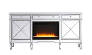 Contempo 72 in. mirrored credenza with crystal fireplace in antique Silver