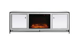 James 72 in. mirrored tv stand with wood fireplace in black