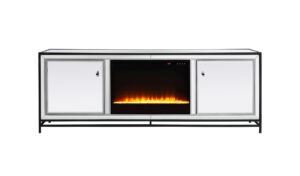 James 72 in. mirrored tv stand with crystal fireplace in black