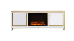 Reflexion 72 in. mirrored tv stand with wood fireplace in gold