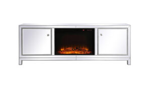 Reflexion 72 in. mirrored tv stand with wood fireplace in antique silver