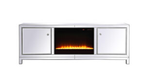 Reflexion 72 in. mirrored tv stand with crystal fireplace in antique silver
