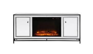 James 60 in. mirrored tv stand with wood fireplace in black