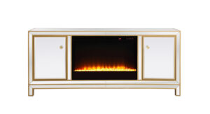 Reflexion 60 in. mirrored tv stand with crystal fireplace in gold
