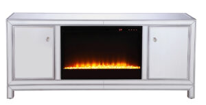 60 in. mirrored TV stand with crystal fireplace insert in antique silver
