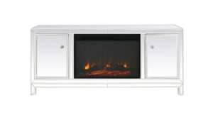 60 in. mirrored TV stand with wood fireplace insert in white