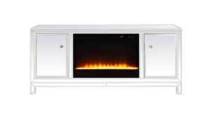 60 in. mirrored TV stand with crystal fireplace insert in white