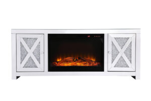 59 in. crystal mirrored TV stand with wood log insert fireplace
