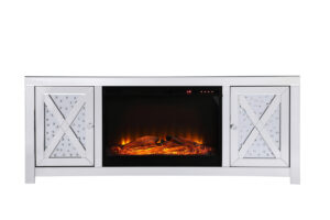 59 in. crystal mirrored TV stand with wood log insert fireplace