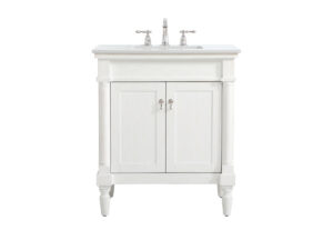 30 inch Single Bathroom vanity in antique white with ivory white engineered marble