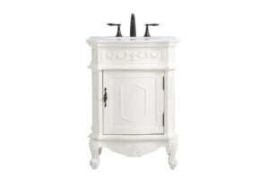 24 inch Single Bathroom vanity in antique white with ivory white engineered marble