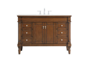 48 inch Single Bathroom vanity in Walnut with ivory white engineered marble