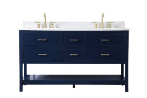 60 inch double bathroom vanity in blue with backsplash