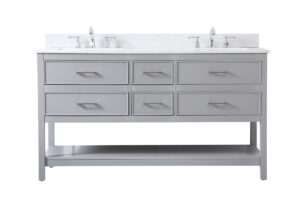 60 inch double bathroom vanity in gray with backsplash