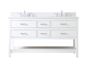 60 inch double bathroom vanity in white with backsplash