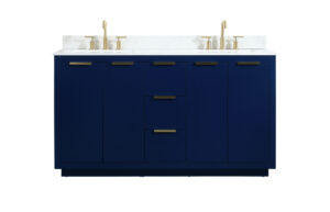 60 inch double bathroom vanity in blue with backsplash