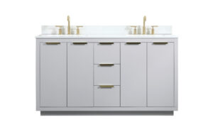 60 inch double bathroom vanity in grey with backsplash