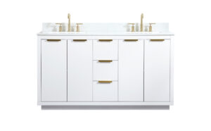 60 inch double bathroom vanity in white with backsplash
