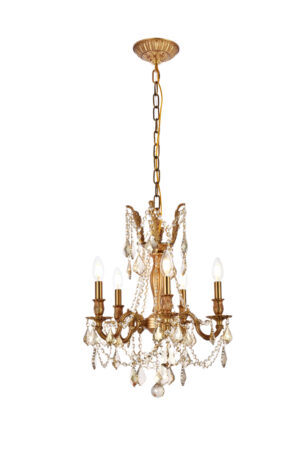 Rosalia 5 light French Gold Pendant Golden Teak (Smoky) Royal Cut Crystal