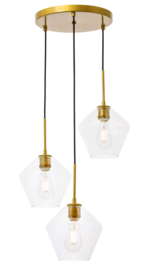 Gene 3 light Brass and Clear glass pendant