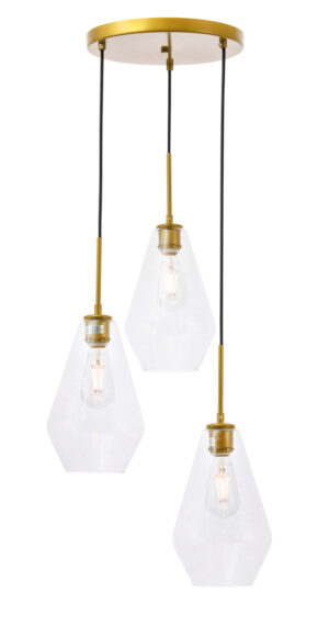 Gene 3 light Brass and Clear glass pendant